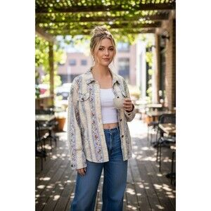 Vintage Denim & Co Floral Denim Jacket Womens M Yellow Cottage Y2K Oversized